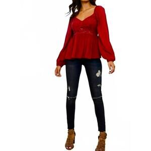 NEW MAIN STRIP crochet front smocked back peplum top in red